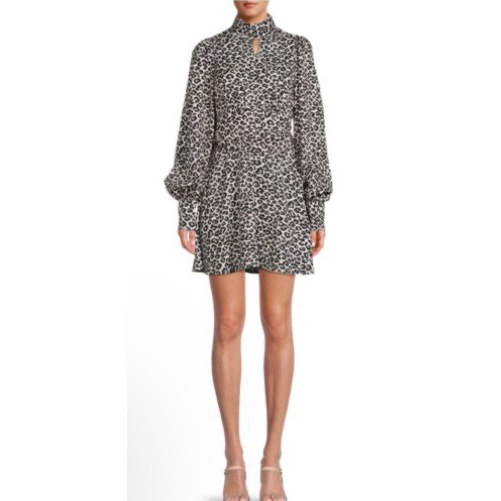 AREA STARS Leopard Print Mini Dress Large Open Back "Replaced Button" See Photo
